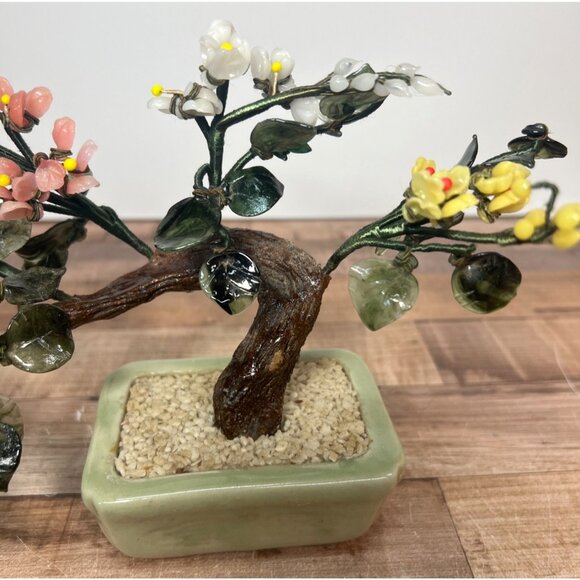 Gemstone Bonsai Tree Ornament With Multicolored Flowers In Ceramic Pot - Picture 2 of 8